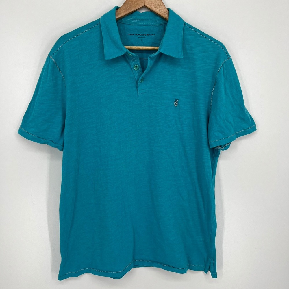 John Varvatos USA Mens Teal Blue Slub Knit Peace Sign Polo Shirt Large
